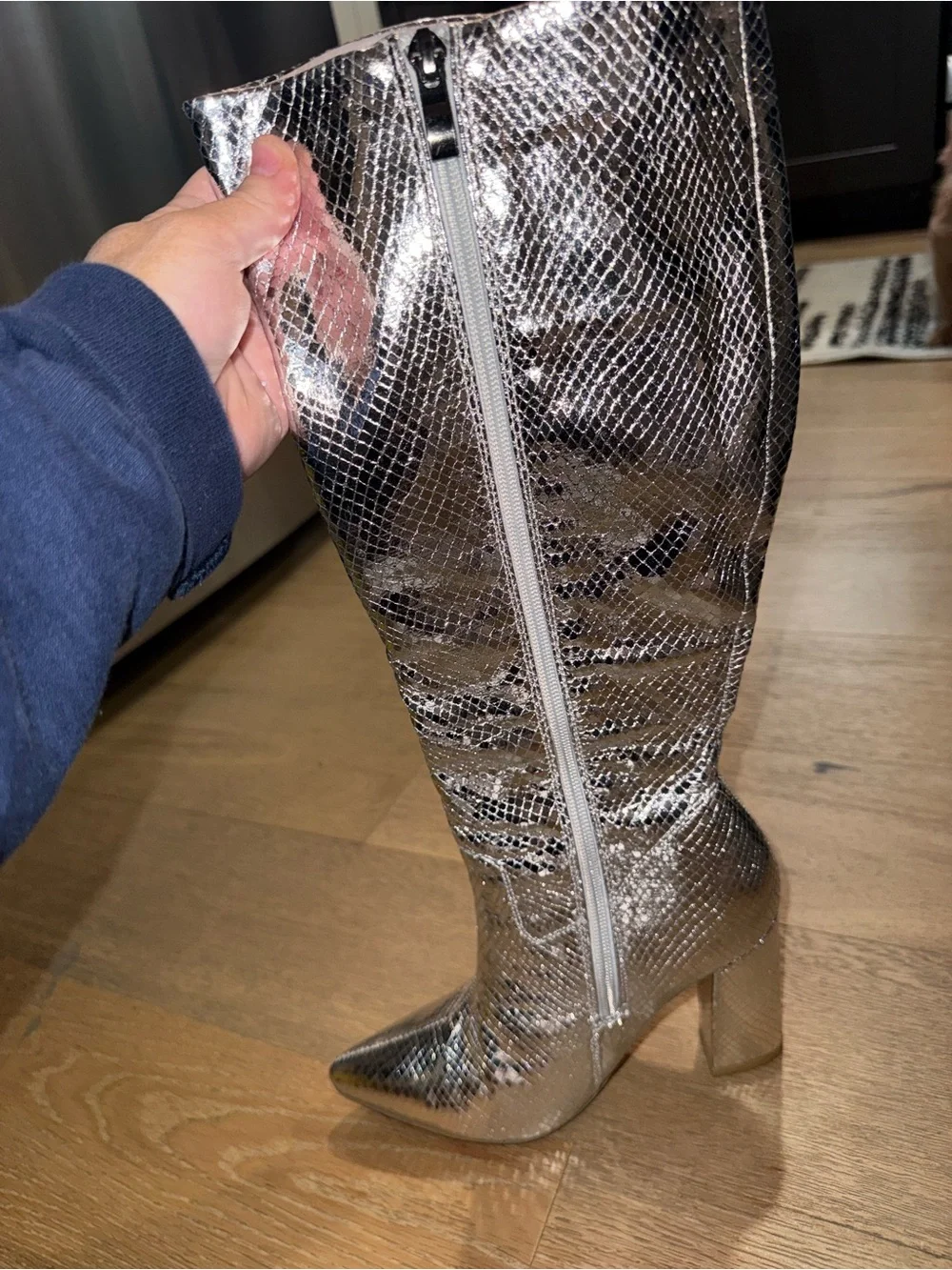 SHEIN Metallic Silver Snakeskin Over-the-Knee Block Heel Boots